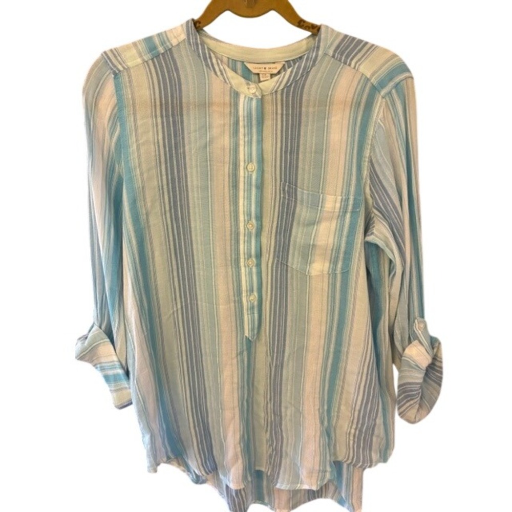 Lucky Brand‎ Striped Tunic Women S Blue Excellent Long Sleeve Button Tab Blouse